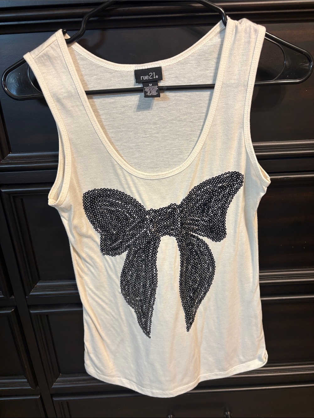 rue21 Cream Tank Top with Black Sequin Bow Accent
